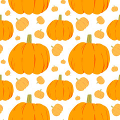 Vector seamless pattern with orange pumpkins on white background. Fall season. Halloween illustration. October harvest. Thanksgiving day
