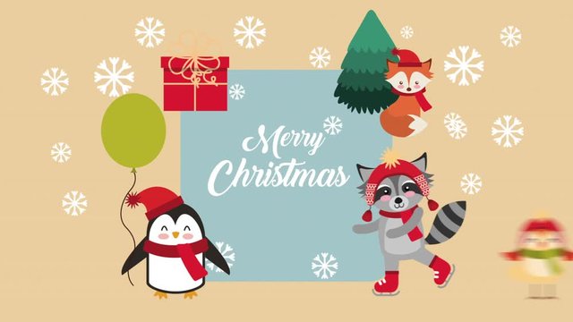 happy merry christmas card with cute animals