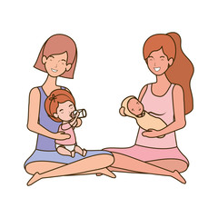 cute pregnancy mothers seated lifting little babies characters