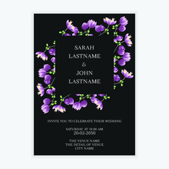 Minimal floral wedding invitation card template with purple flower frame