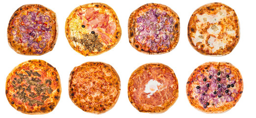 Eight different pizza set for menu or banner. Onion Pepperoni, Four Season, tuna and onion, four...