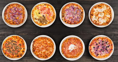 Eight different pizza set for menu or banner. Onion Pepperoni, Four Season, tuna and onion, four cheese, pizza with mushroom, margherita, egg and olive onions. Concept Pizza delivery service to home