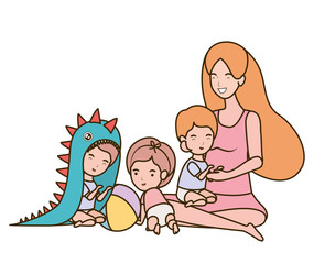 cute pregnancy mother with little kids characters