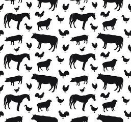 Vector seamless pattern of black domestic animals silhouette isolated on white background 