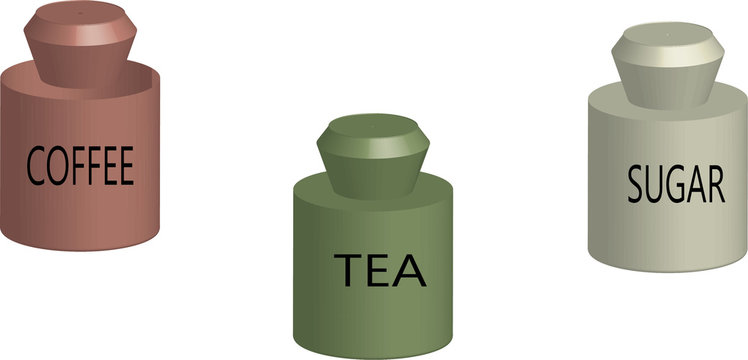 Modern tea, coffee and sugar bowl. Containers with coffee, sugar and tea
