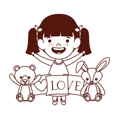 cute little girl baby with stuffed bear and rabbitt
