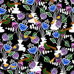 drawing of birds and flowers of violet and blue colors on a dark background