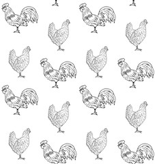 Vector seamless pattern of hand drawn chicken and rooster isolated on white background