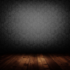 dark interior room with baroque wallpaper