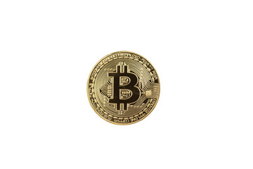 A golden, physical bitcoin isolated close up in macro on a clean, white background