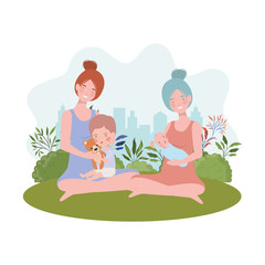 cute pregnancy mothers seated lifting babies in the camp