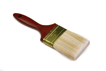 A close up image of a paint brush isolated on a clean, white background