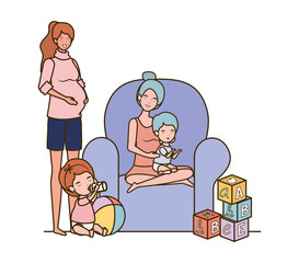 cute pregnancy mothers with little babies in livingroom