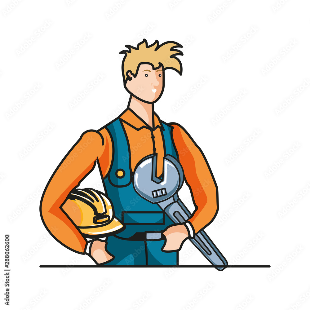 Poster builder constructor worker with wrench key