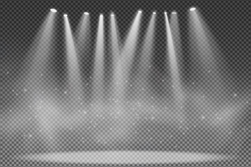 Spotlights isolated on transparent background. Floodlight for the podium. Light effect for a disco. Smoke with glowing particles. Grand show. Vector illustration
