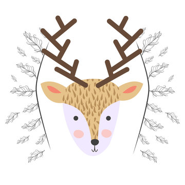 Hand drawn illustration of a cute tribal deer in headband with feathers. Scandinavian style flat design.