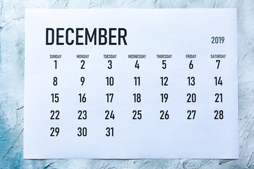 Monthly December  2019 calendar