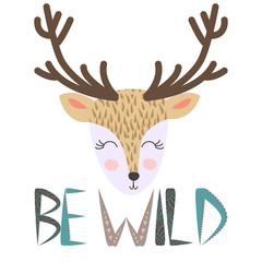 Cute Deer Head T-shirt Print Design for Kids. Deer Face. Doodle Cartoon Kawaii Animal. Scandinavian Print or Poster Design, Baby Shower Greeting Card