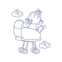 cute girl newborn in baby cart isolated icon