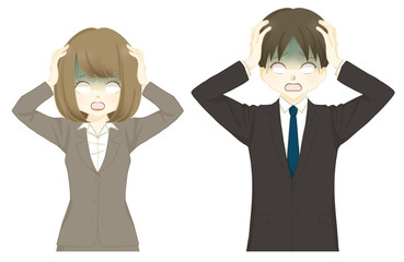 スーツ-頭を抱えて青ざめる女性・男性-ショック