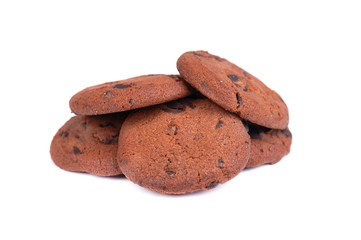 Double chocolate chip cookies isolated on white background. Cookies with chocolate drops. Sweet biscuits. Homemade pastry.