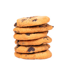 Chocolate chip cookie isolated on white background. Cookies with chocolate drops. Sweet biscuits. Homemade pastry.