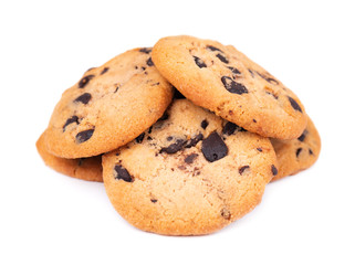 Chocolate chip cookie isolated on white background. Cookies with chocolate drops. Sweet biscuits. Homemade pastry.