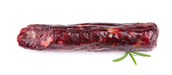 Horse sausage. Tasty dried sausage, close-up, isolated on white background.