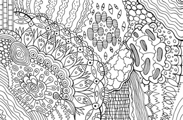 Zendoodle line art with mandala flower. Adult coloring page. Abstract pattern with floral motifs. Bohemian and hippie style. Vector illustration