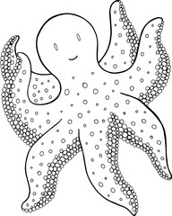 Cute kawaii octopus - coloring page for adults and kids. Marine animal line drawing. Vector illustration