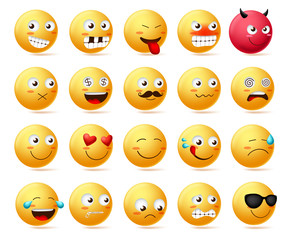 Smiley emoticon vector character face set. Smileys cute faces emoji in side view with happy, angry, scared, silent, sad, evil and inlove isolated in white background. Vector illustration.