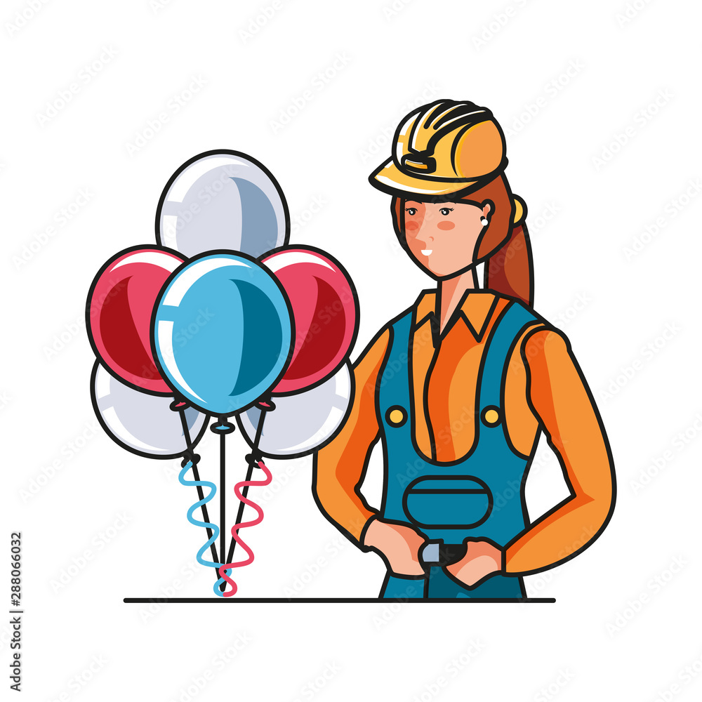 Wall mural female builder with balloons helium labor day celebration