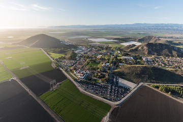 Aerial view of coastal farm fields and State University campus near Camarillo in scenic Ventura County, California. 