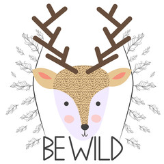 Deer for children in scandinavian style. Postcard of forest animals with the inscription.