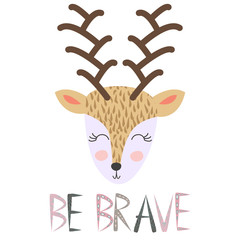 Deer for children in scandinavian style. Postcard of forest animals with inscription.