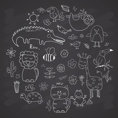 Animal Doodles Set. Cute Animals sketch. Hand drawn Cartoon Vector illustration on chalkboard background