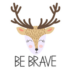 Deer for children in scandinavian style. Postcard of forest animals with inscription.