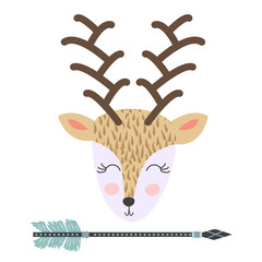 deer Wild and free, cute poster design. Decorative illustration. Animal, arrows