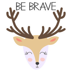 Deer for children in scandinavian style. Postcard of forest animals with inscription.