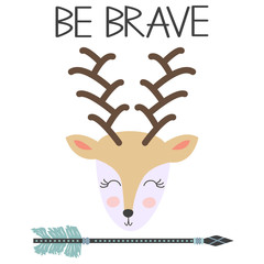 Deer for children in scandinavian style. Postcard of forest animals with inscription.