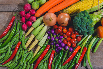 Backgroud of fresh food tasty and healthy varis vegetables are on the wooden table