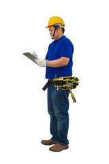construction foreman in blue shirt with Protective gloves, helmet with tool belt hand holding...