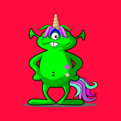 Fototapeta na wymiar Funny Alien green unicorn with horse tail