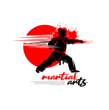 Martial arts silhouette character logo illustration. Foreign word in japanese means Karate.	