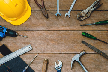 old instruments constructor or renovation for build and repair house on wooden background