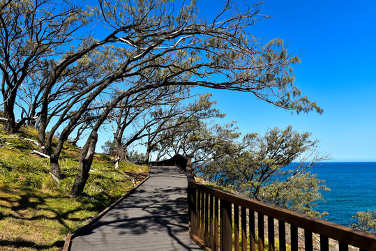 Gorge Walk wooden pathway with ocean view on North Stradbroke Island, Queensland, Australia