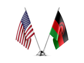 Desk flags, United States  America  and Malawi, isolated on white background. 3d image