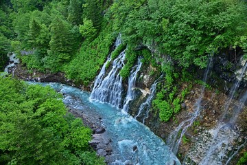 Fototapeta na wymiar コバルトブルーの白ひげの滝の情景＠美瑛、北海道