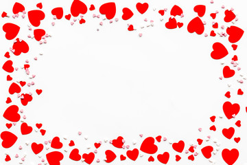 Frame with hearts for present carts design on white background top view space for text