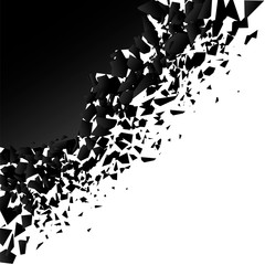 background explosion with debris. Isolated black illustration on white background. Concept, template for sale. 3d effect of particles